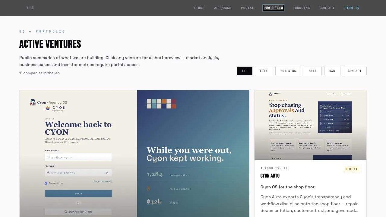 Vig Ventures public website or product preview